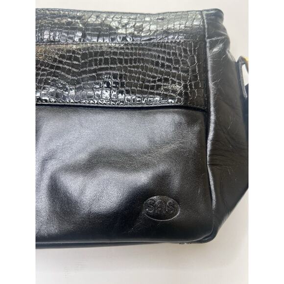 SAS Shoulder Bag Black Leather Croc Print Zip Top Adjustable Strap Authentic USA - Picture 4 of 8